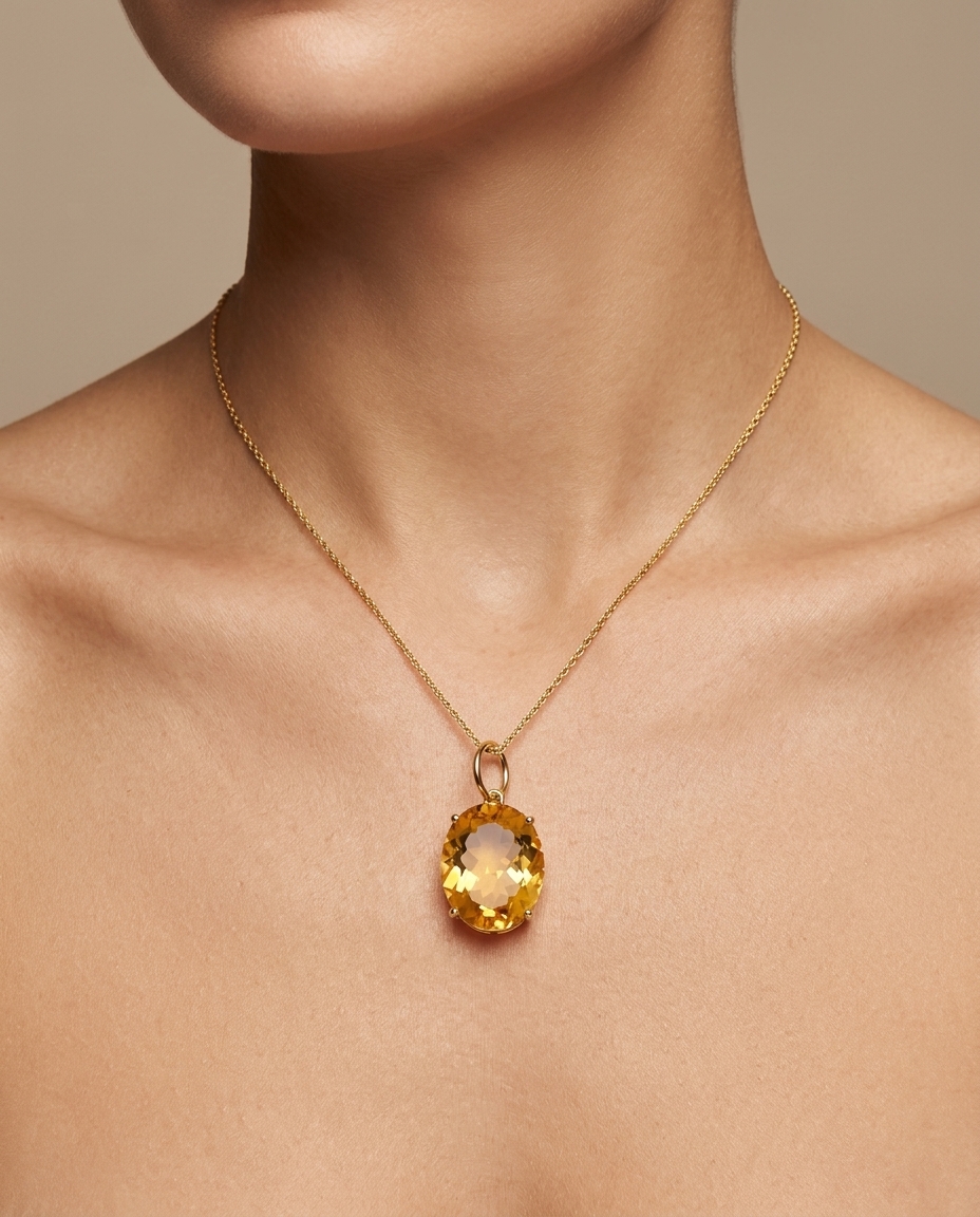 14KT Yellow Gold Oval Citrine Pendant on model