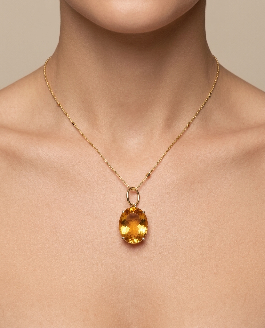 14KT Yellow Gold Oval Citrine Pendant on model