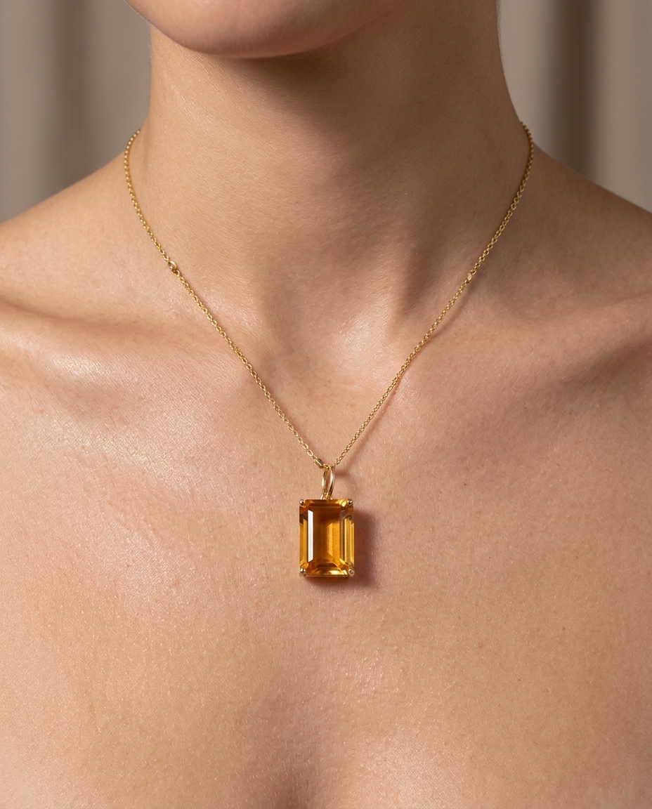 14KT Yellow Gold Citrine Rectangle Pendant on model