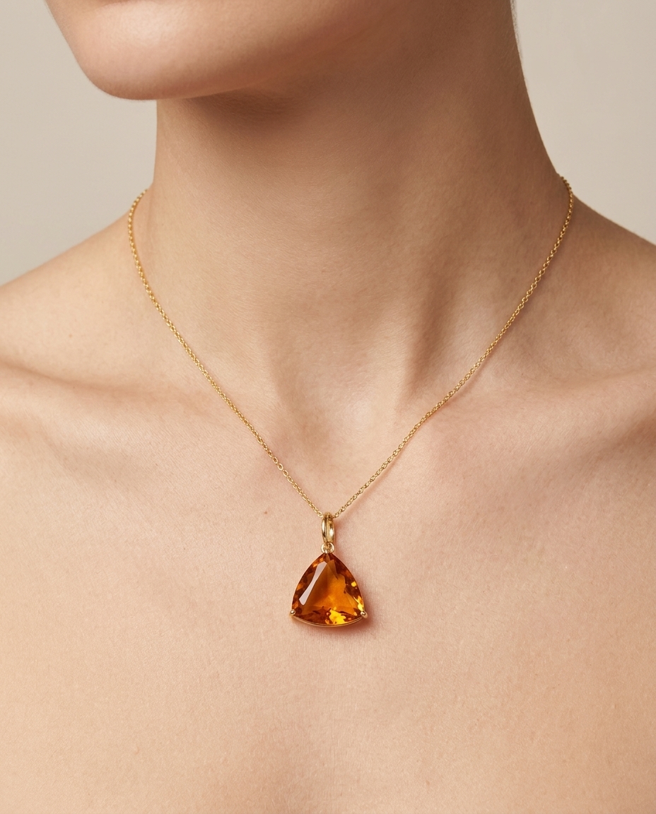 14KT Gold Citrine Triangle Pendant on model