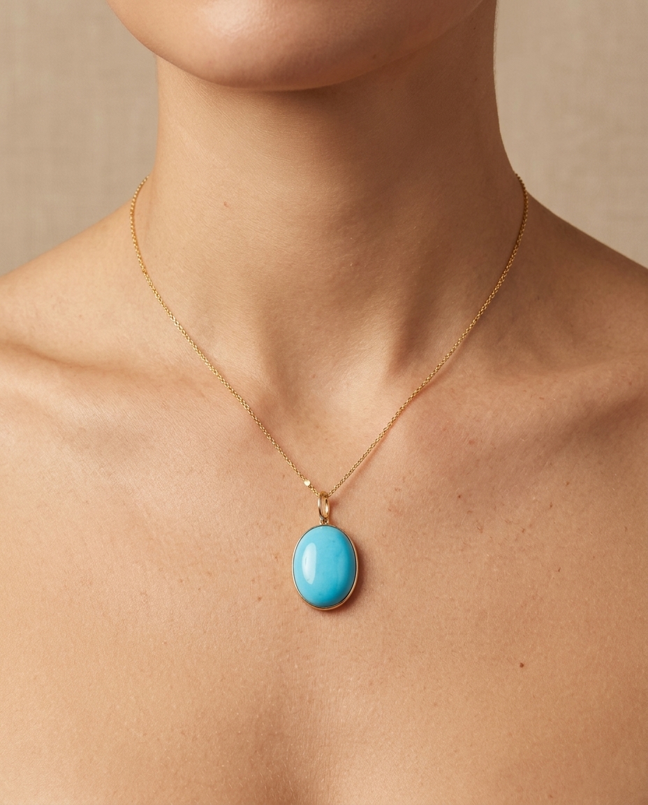 14KT Yellow Gold Turquoise Oval Pendant on model