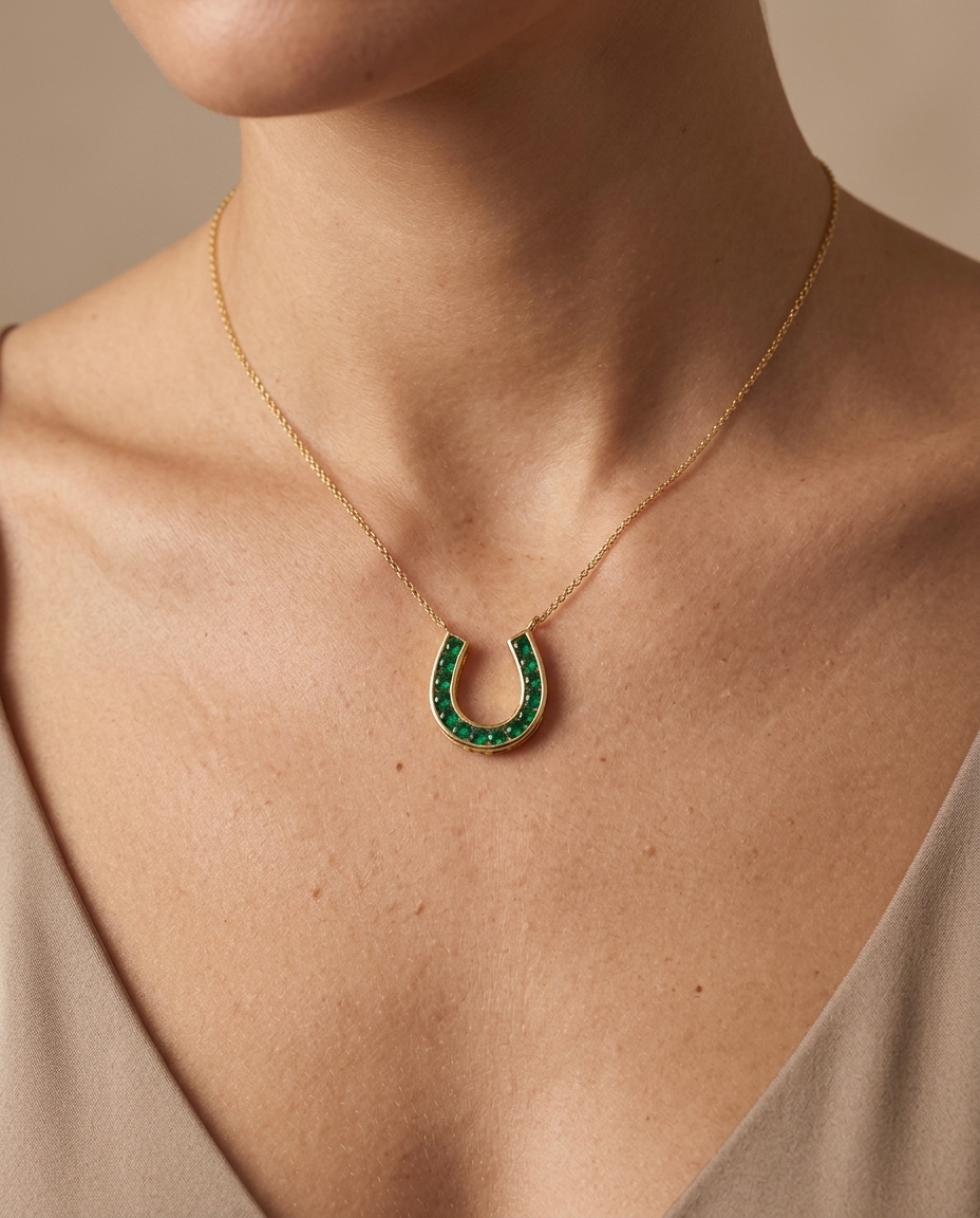 14KT Gold Emerald Horseshoe Pendent on model