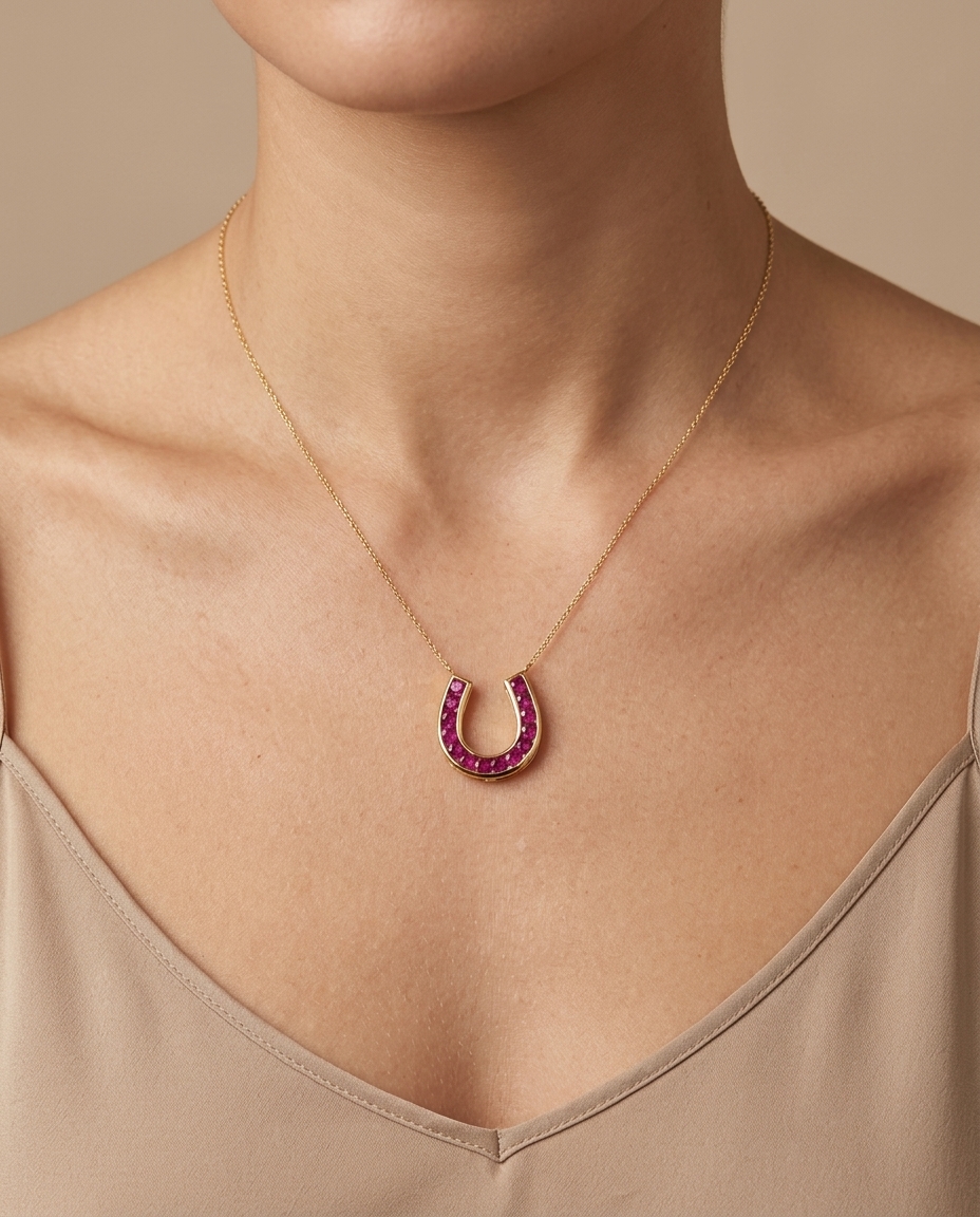 14KT Yellow Gold Ruby Horseshoe Pendant on model