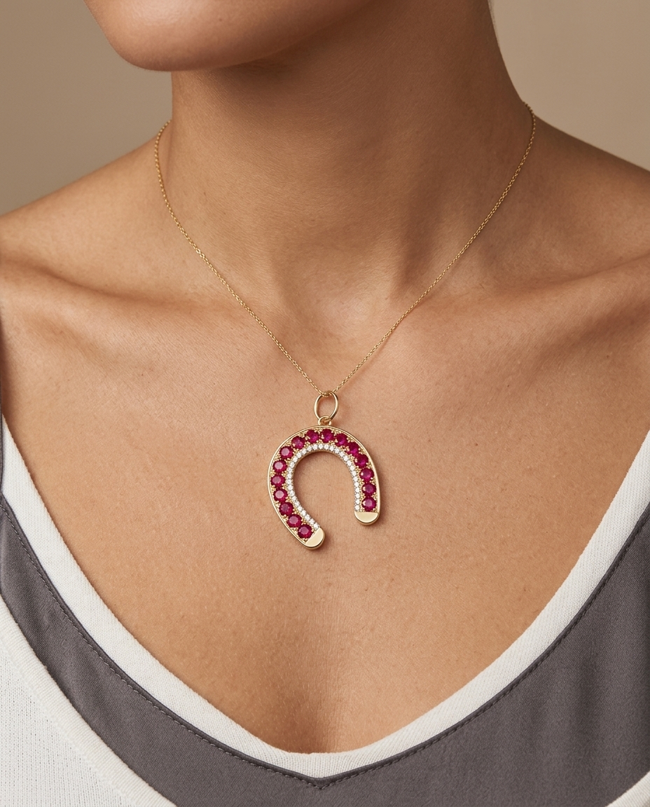 14KT Yellow Gold Ruby and Diamond Horseshoe Pendant on model