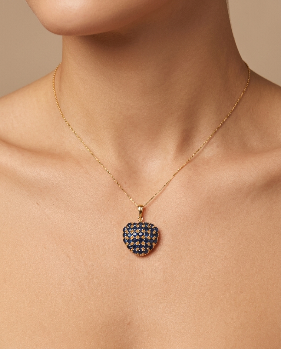 14KT Yellow Gold Sapphire Round Heart Pendant (Copy) on model