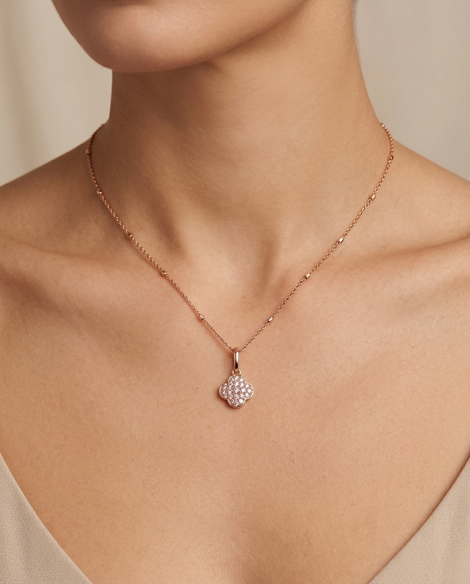 14KT Gold Flower Pendent with Diamonds on model