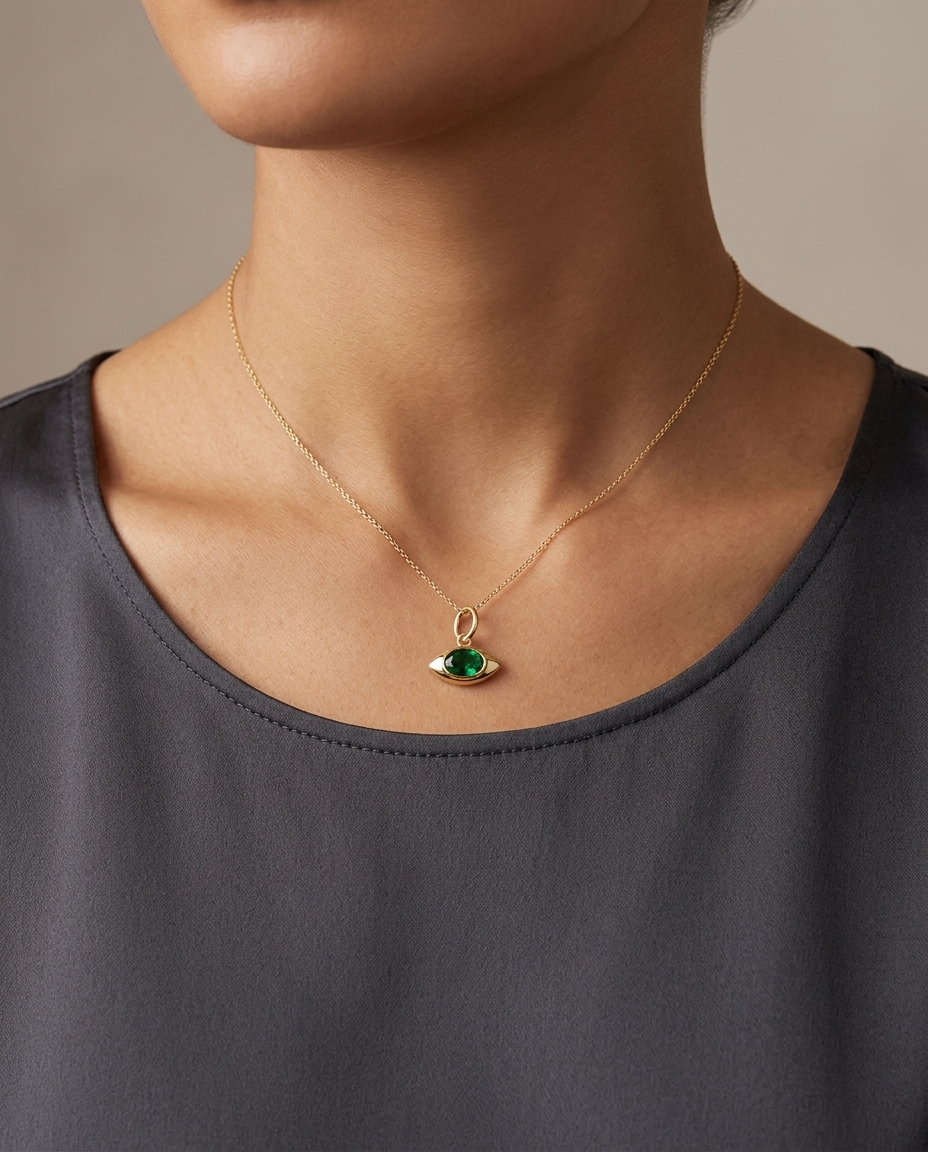 14KT Yellow Gold Emerald Evil Eye Pendant on model