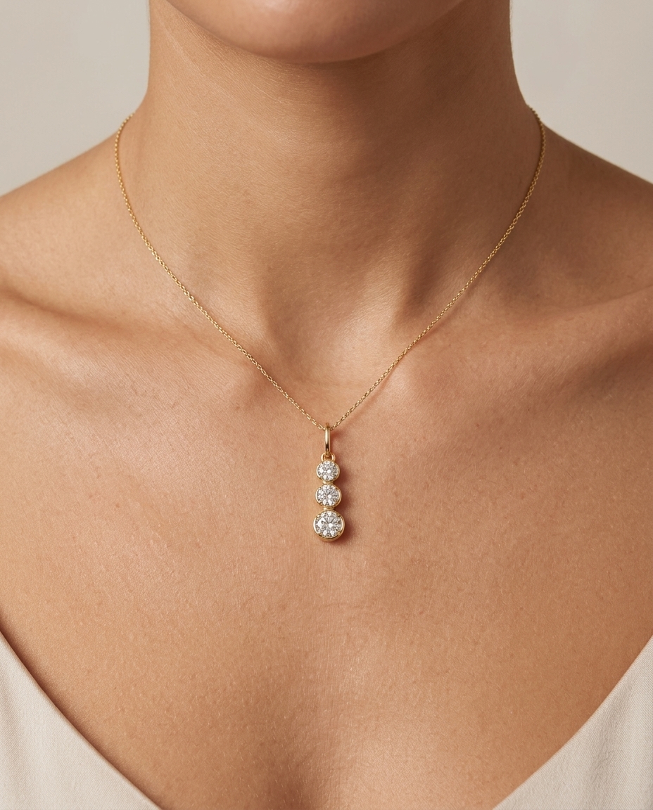 14KT Yellow Gold 3 Bezeled Diamonds Pendent on model