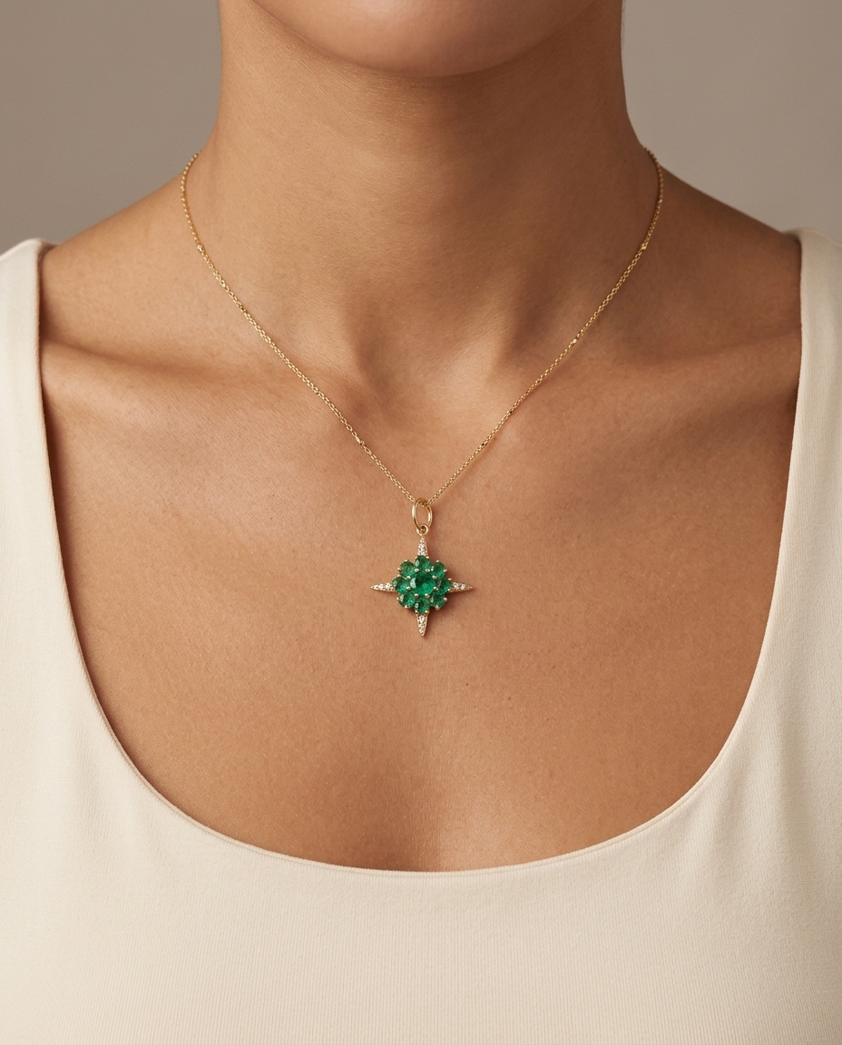 14KT Yellow Gold Emerald Compass Pendent on model