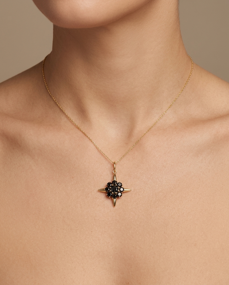 14KT Yellow Gold Black Diamonds Compass Pendent on model