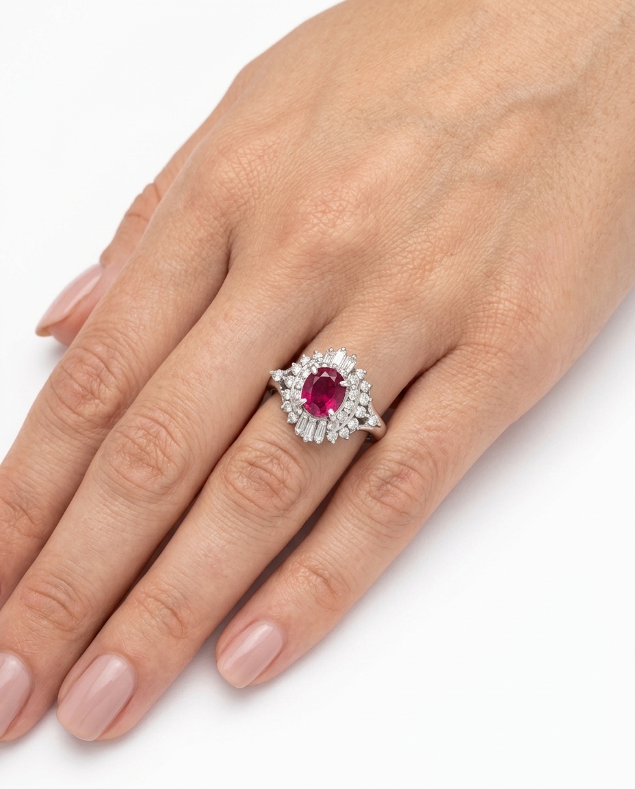 Platinum Ruby and Diamonds Ring on model