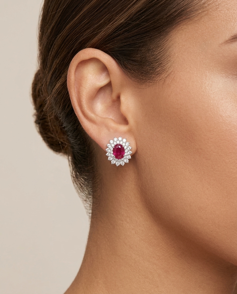 18KT White Gold Ruby and Diamonds Earring on model
