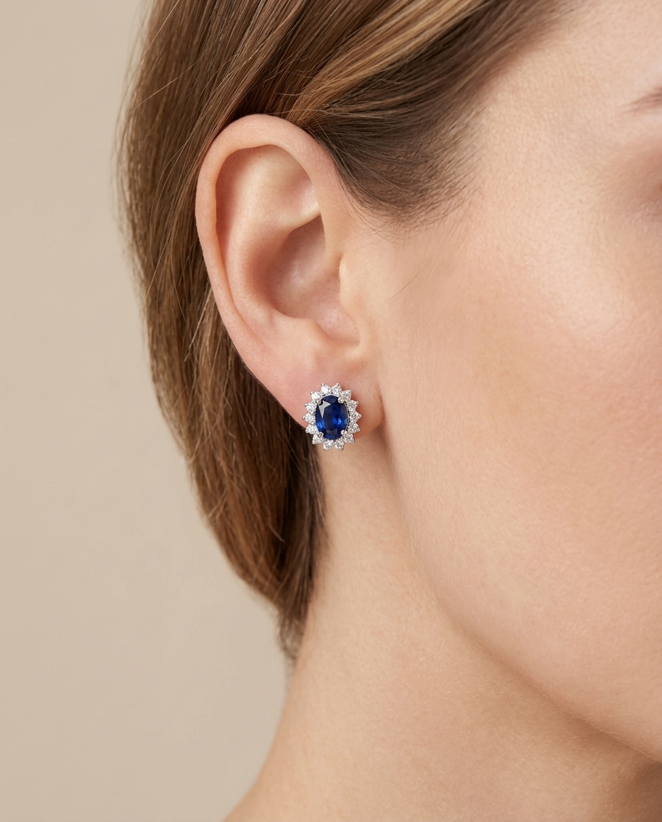 18KT White Gold Sapphire and Diamonds Earring on model