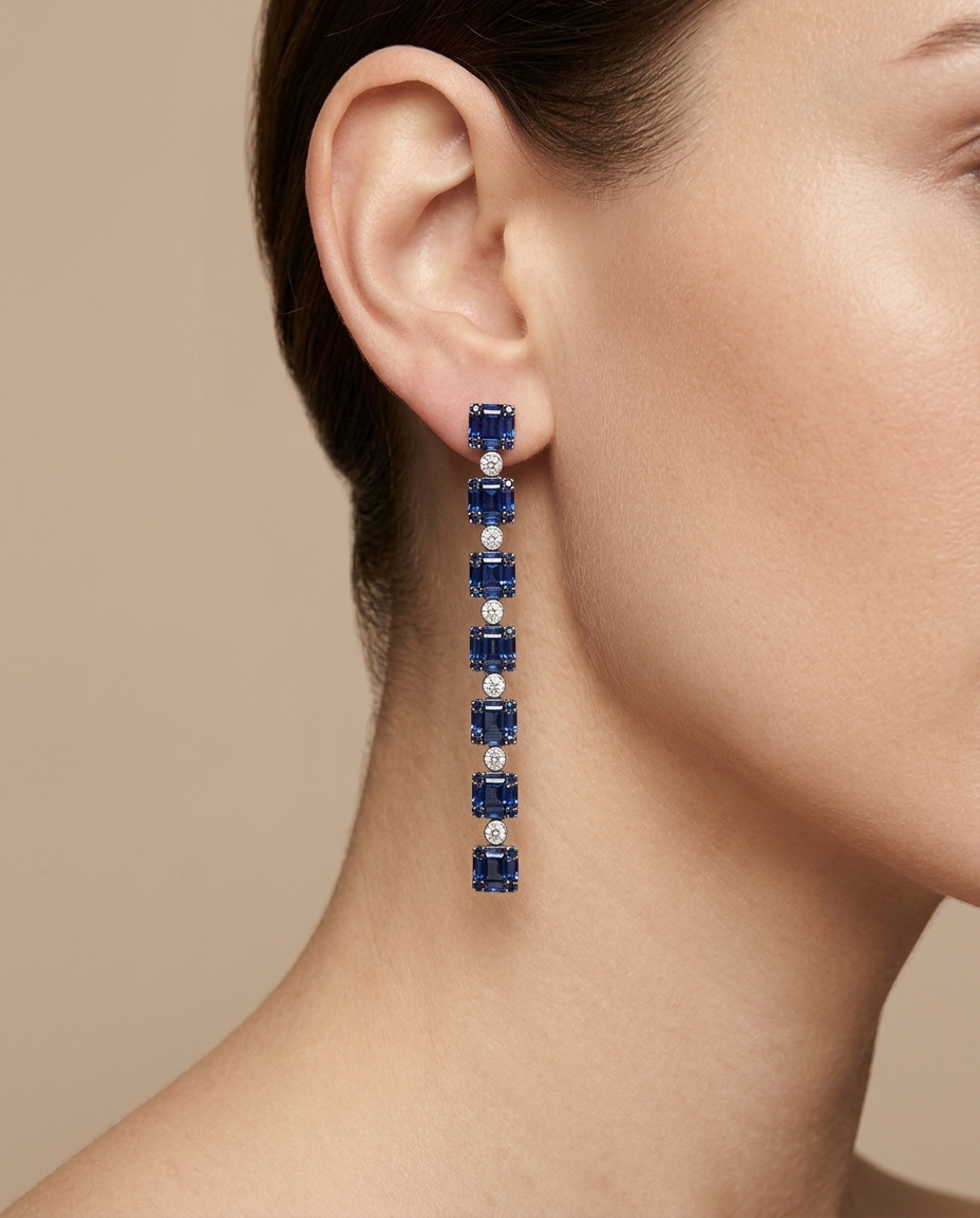 18KT Gold Blue Sapphire and Diamond Earring view 2
