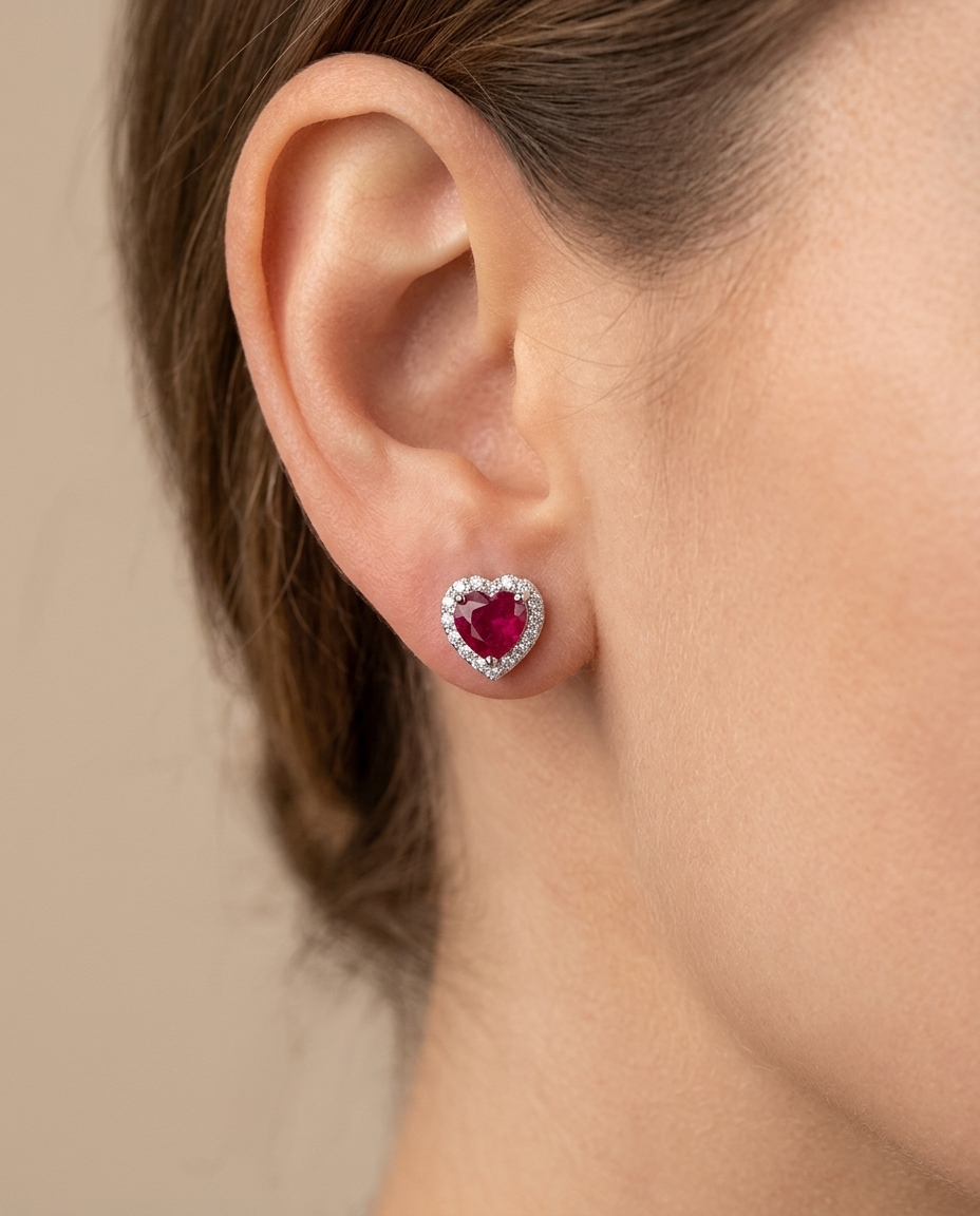 18KT White Gold Heart Shape Ruby and Diamonds Earring on model