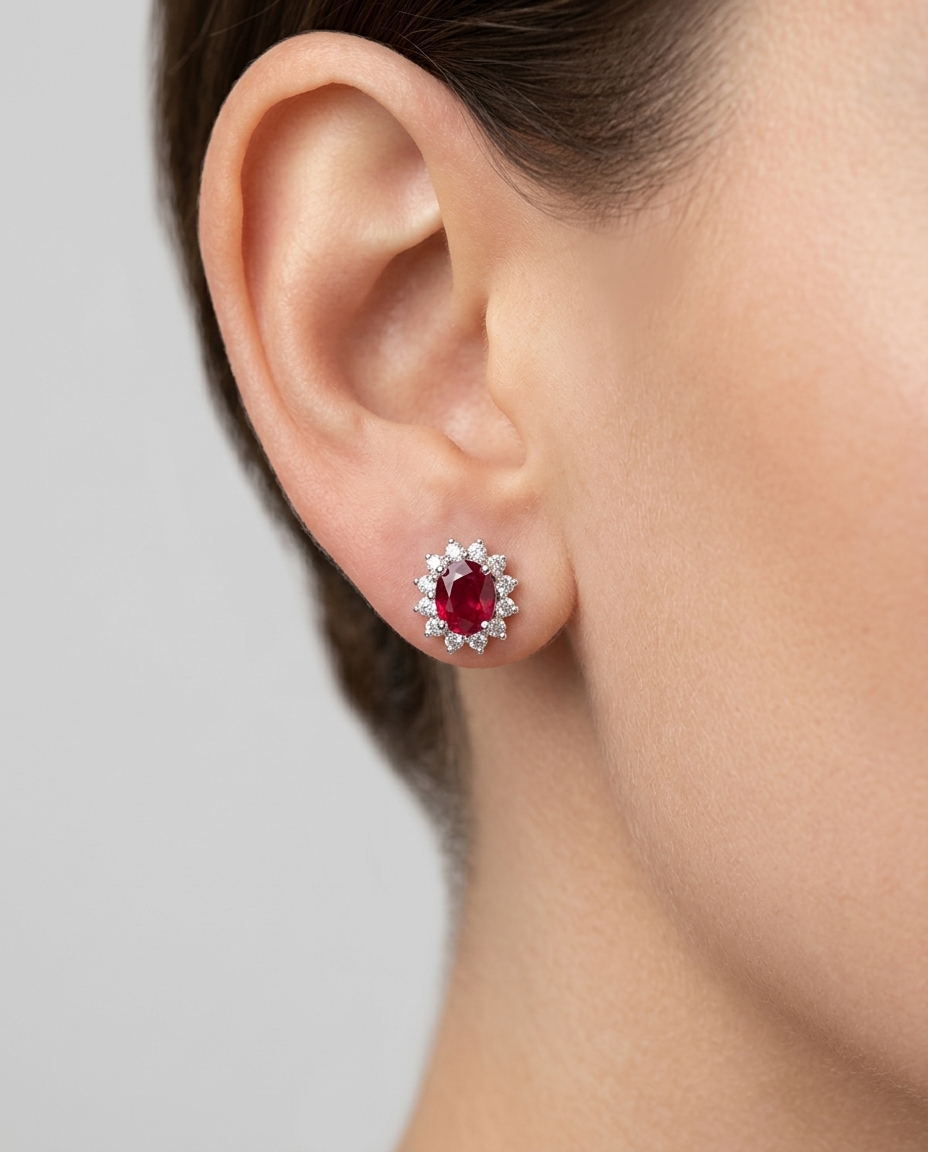 18KT White Gold Ruby and Diamonds Earring on model