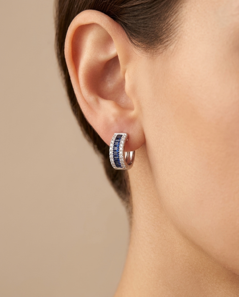 18KT White Gold Diamond and Sapphire Hoop Earring on model