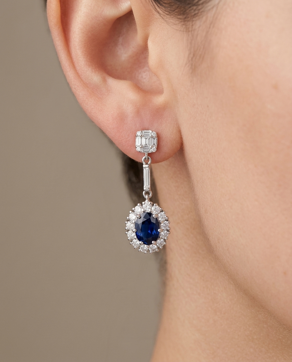 18KT White Gold Sapphire and Diamonds Earring on model