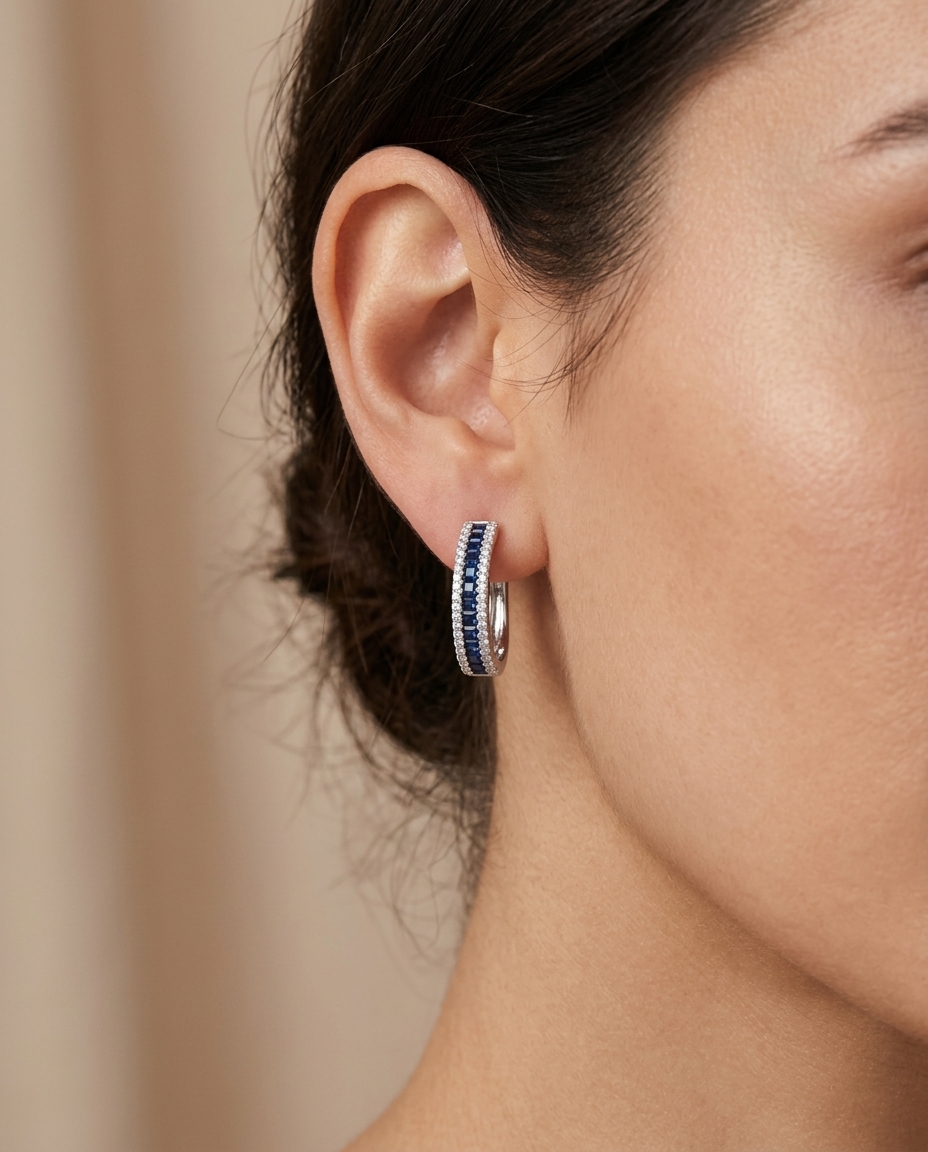 18KT White Gold Sapphire and Diamonds Hoop Earring on model