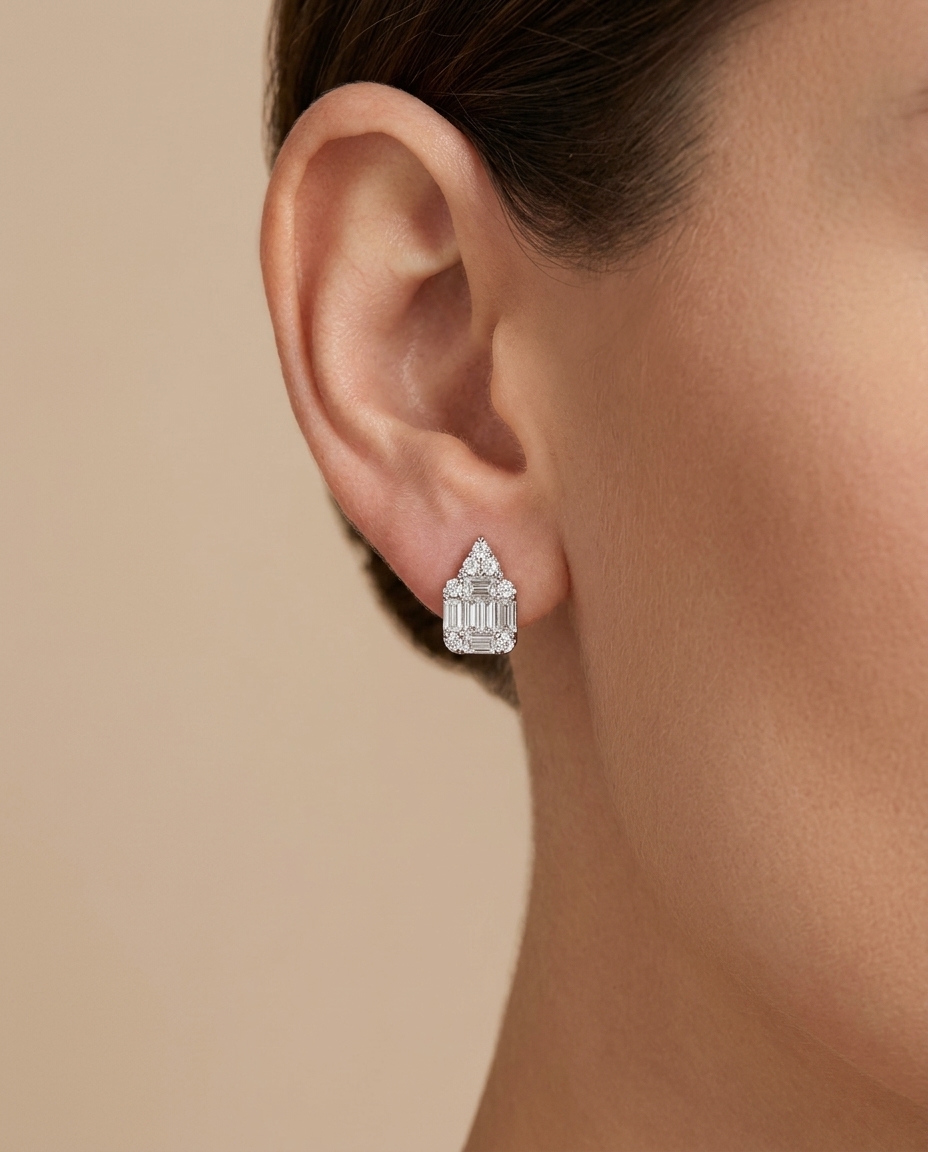 18KT White Gold Diamond Earring on model