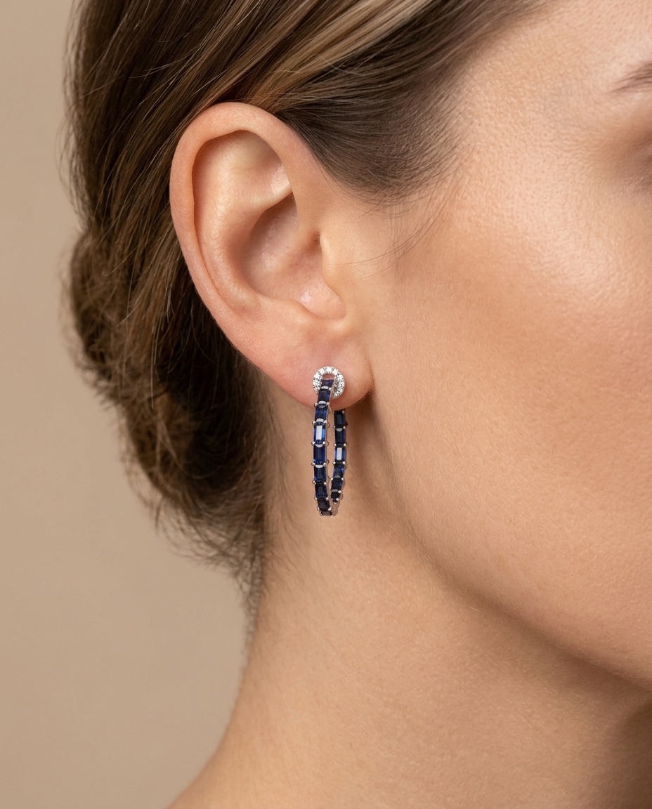 14KT White Gold Sapphire and Diamonds Hoop Earing on model