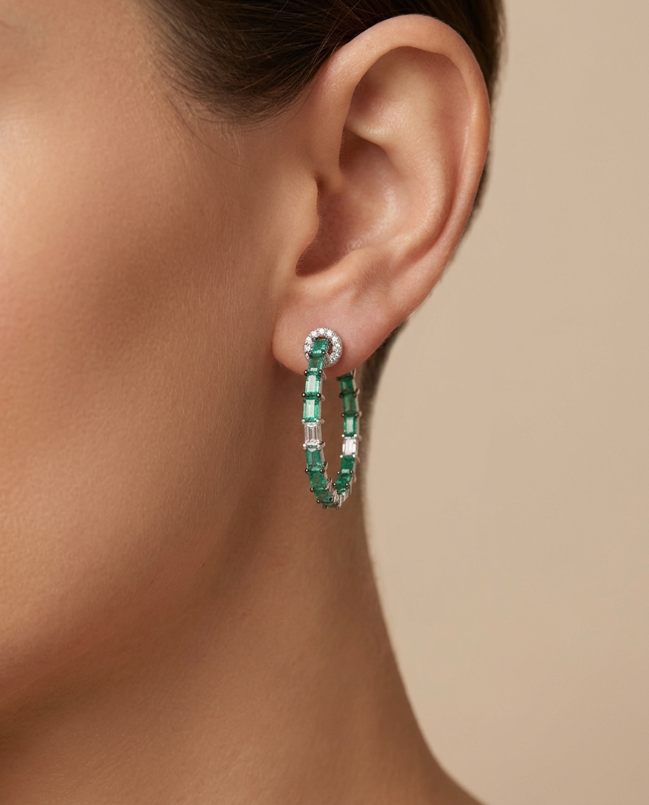 14KT White Gold Emerald and Diamonds Hoop Earing on model