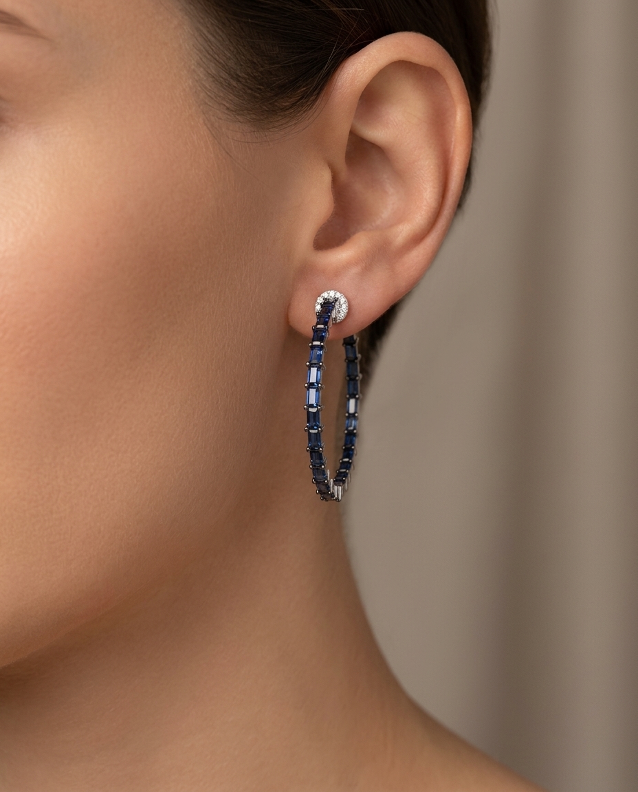 14KT White Gold Sapphire and Diamonds Hoop Earing on model