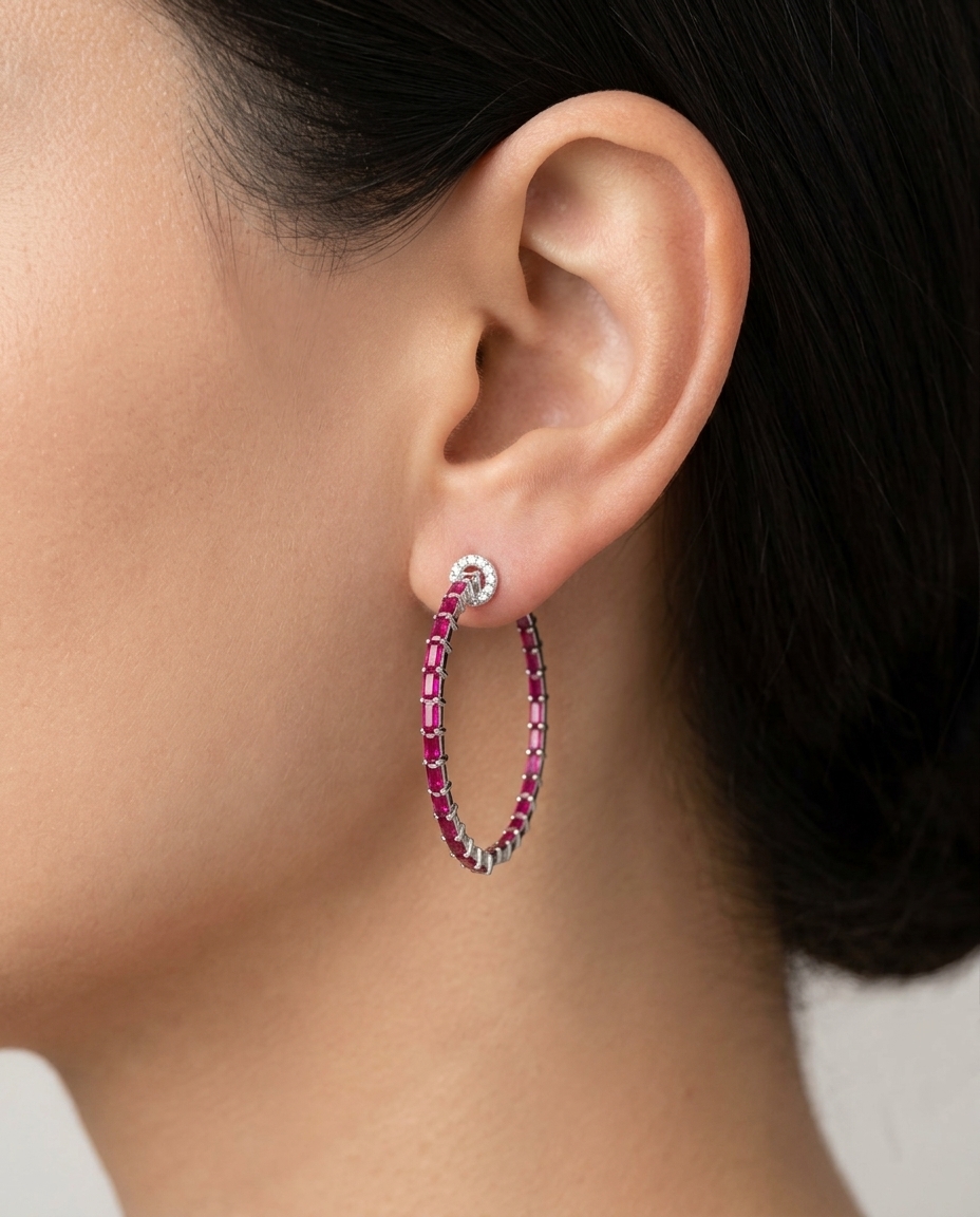 14KT White Gold Ruby and Diamonds Hoop Earing on model