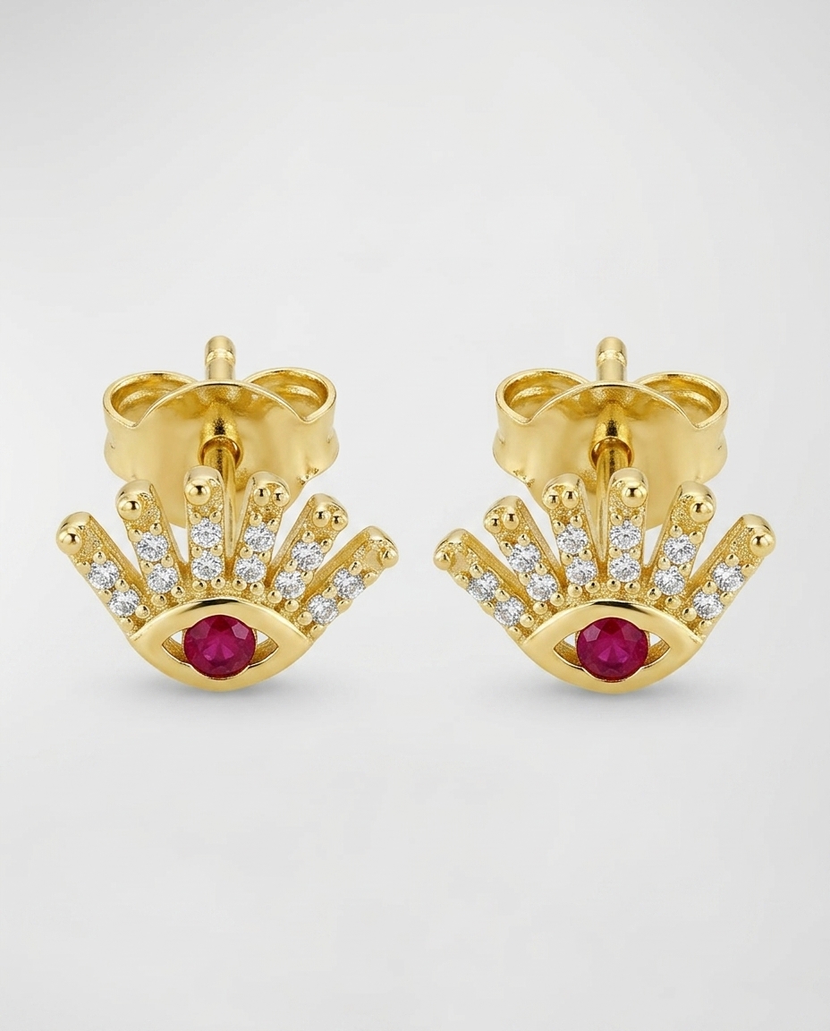 14KT Yellow Gold Ruby and Diamonds Evil Eye Earring view 2