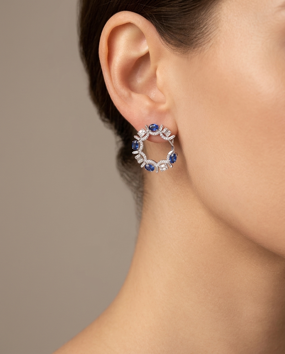 18KT White Gold Sapphire and Diamonds Earring on model