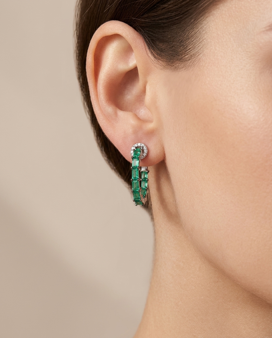 14KT White Gold Emerald and Diamonds Hoop Earing on model