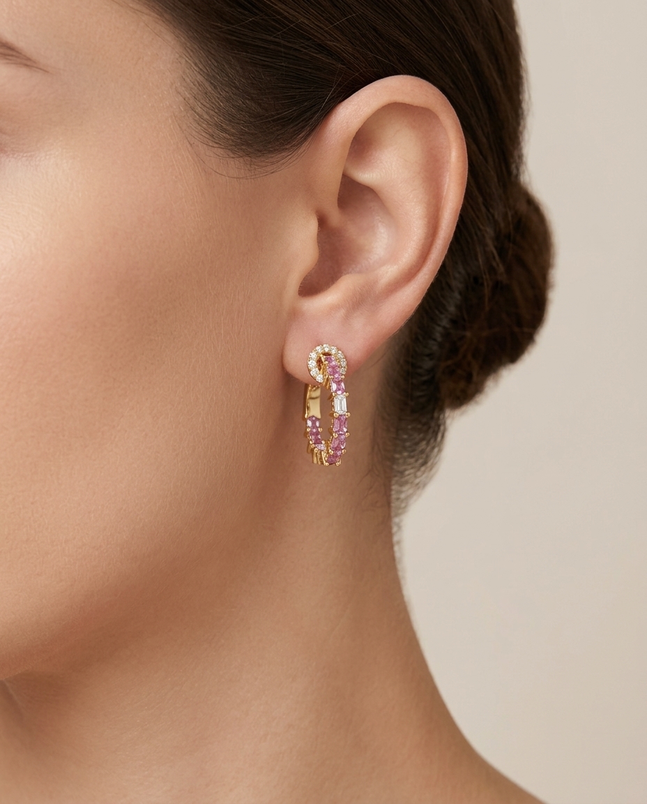 18KT Gold Pink Sapphire and Diamonds Hoop Earring on model