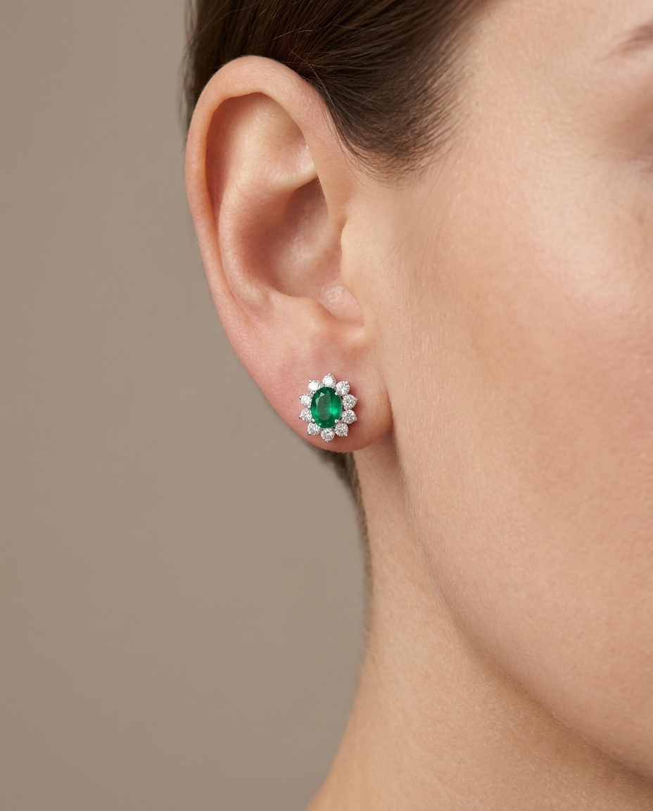 18KT White Gold Emerald and Diamonds Earring on model