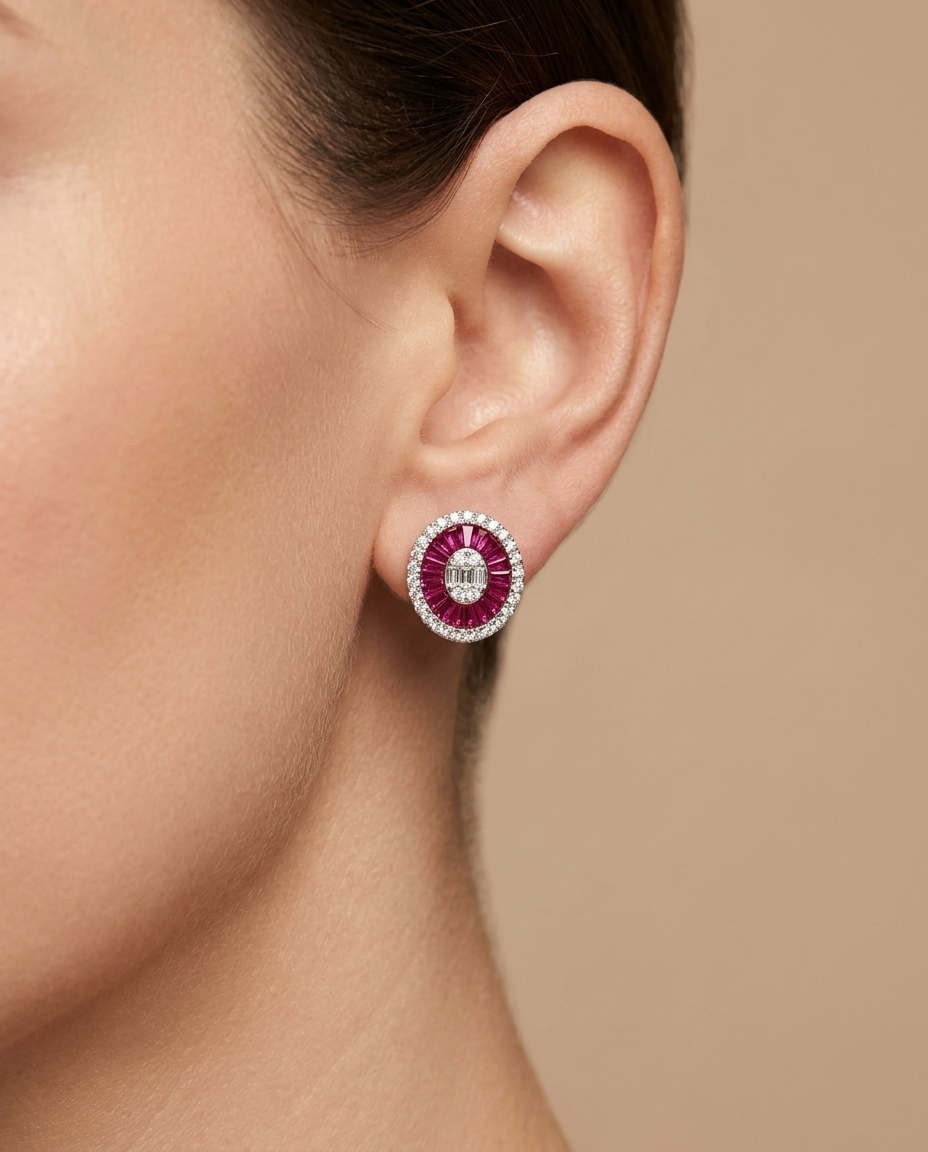 14KT White Gold Ruby and Diamonds Oval Earings on model
