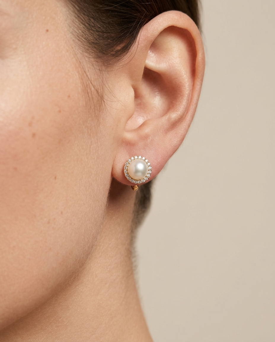 14KT Yellow Gold Fresh Water Pearl and Diamond Earring on model