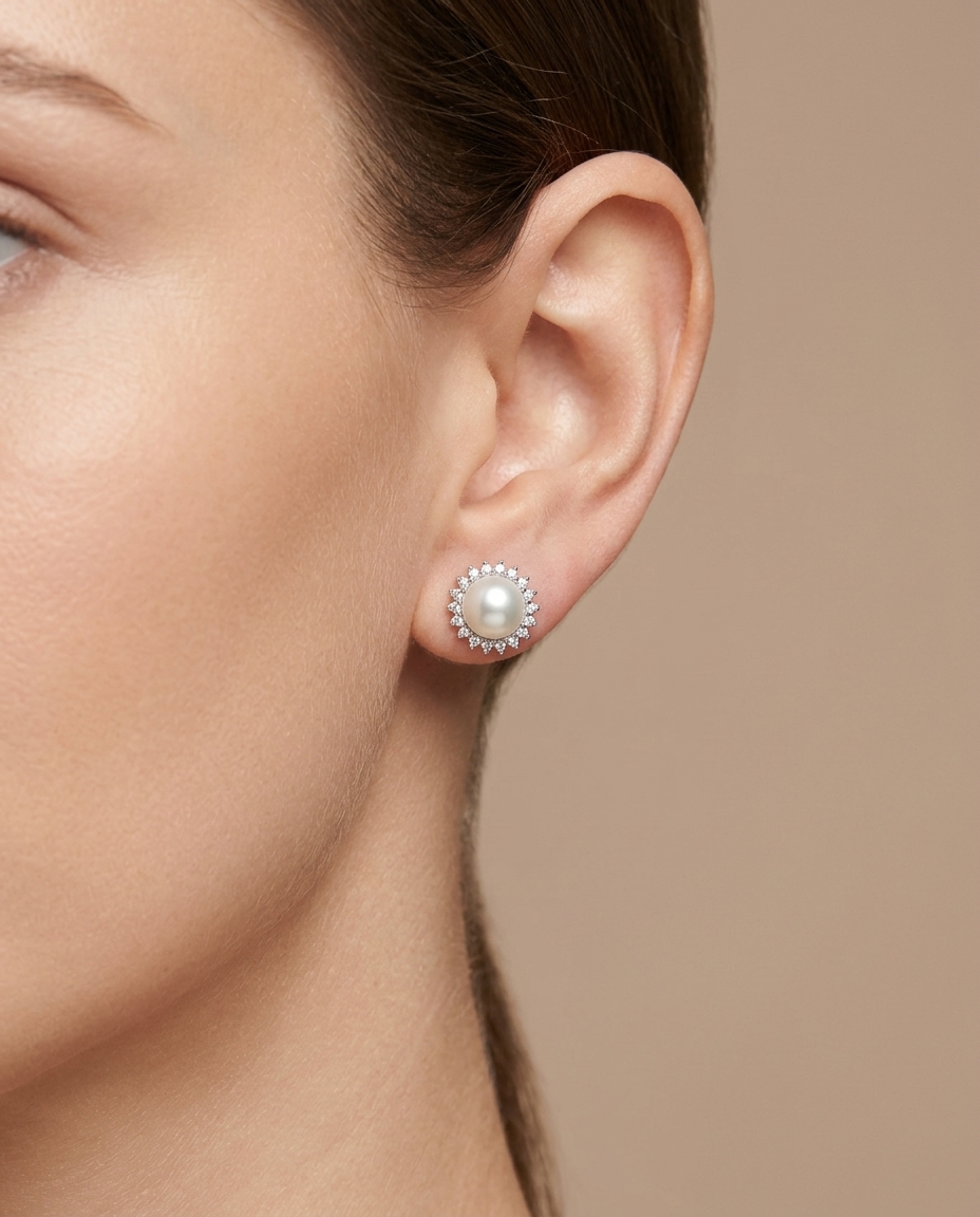 14KT White Gold Fresh Water Pearl and Diamond Earring on model