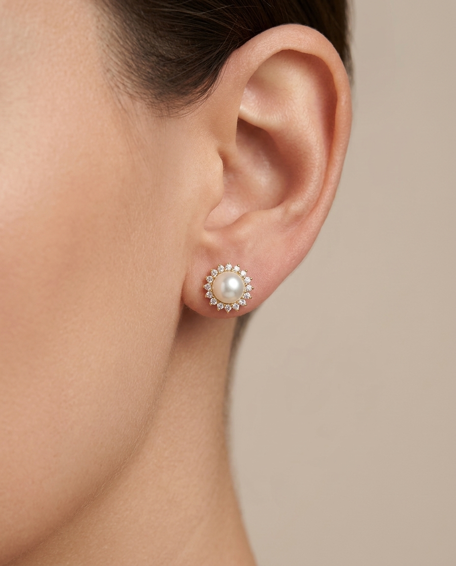 14KT Yellow Gold Fresh Water Pearl and Diamond Earring on model