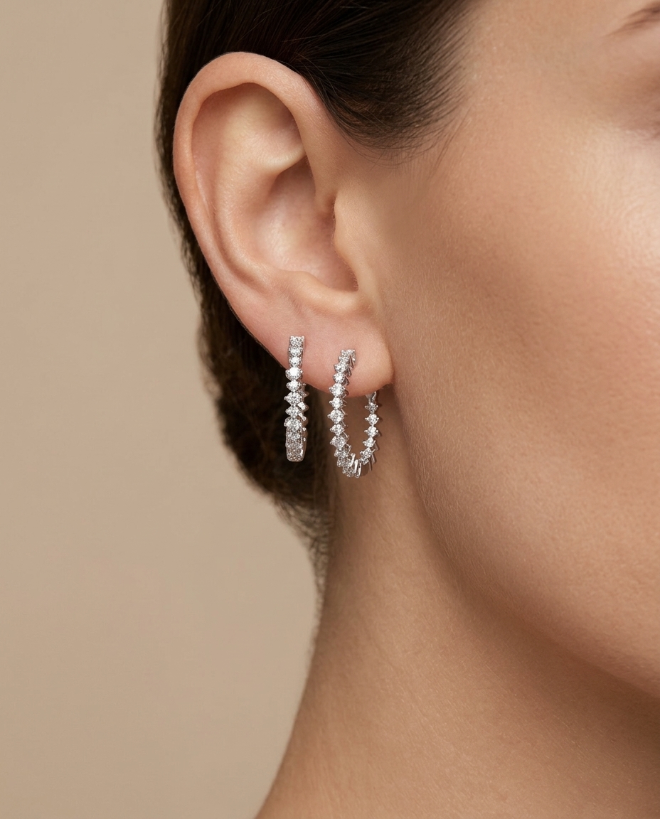 14KT White Gold Diamond Hoop Earring on model