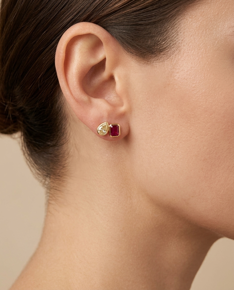14KT Yellow Gold Ruby and Yellow Diamond Earring on model