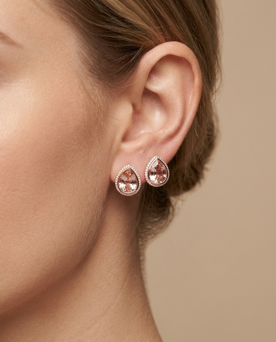 14KT Rose Gold Morganite and Diamonds Earring on model