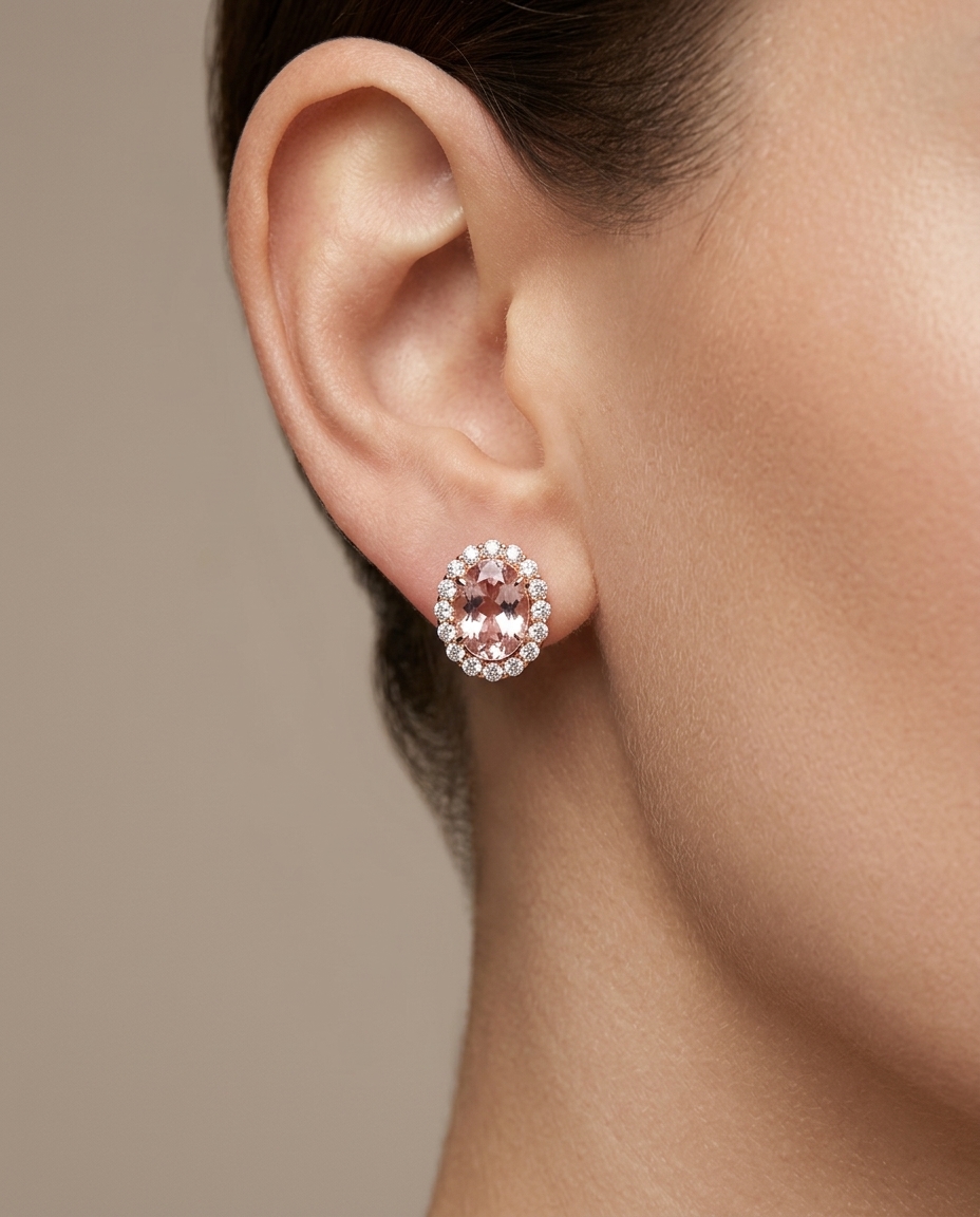14KT Rose Gold Morganite and Diamonds Earring on model