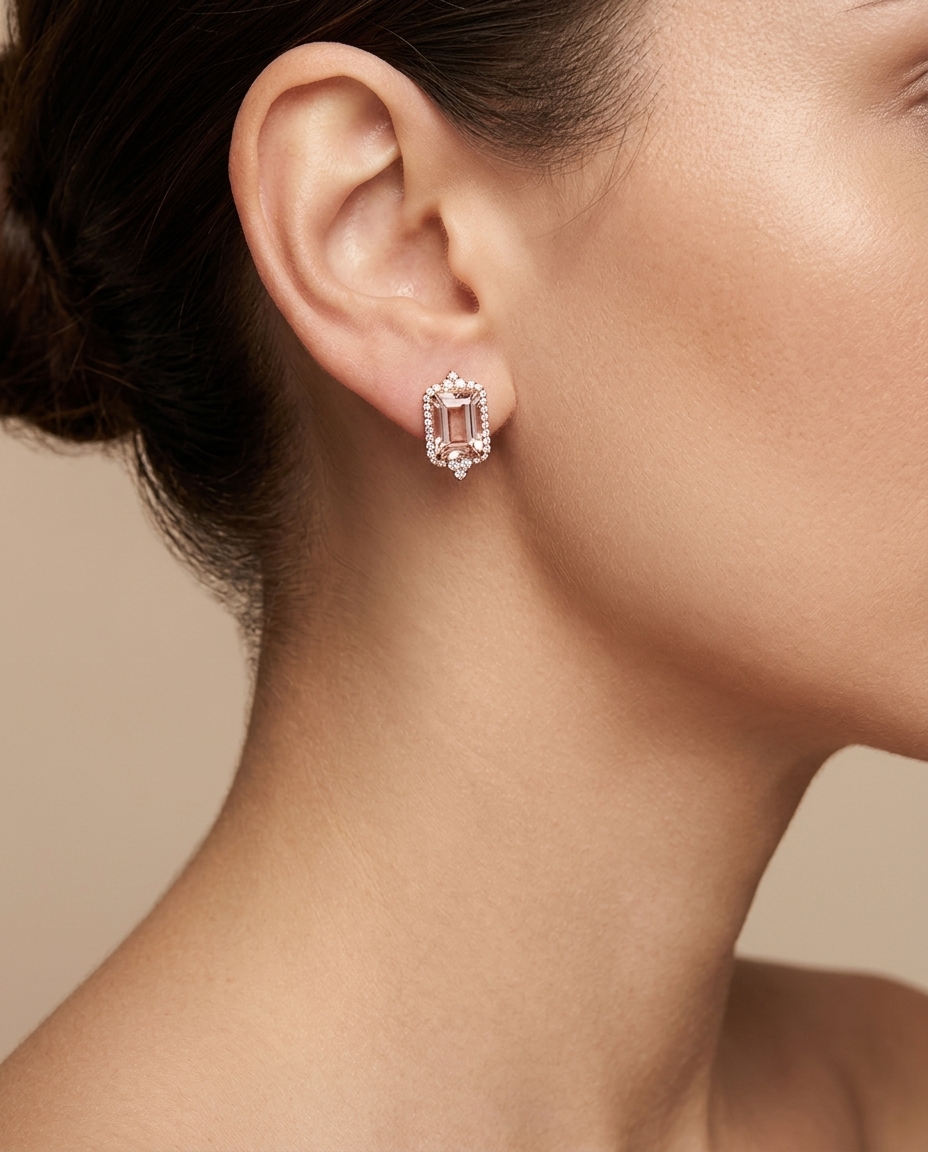 14KT Rose Gold Morganite and Diamonds Earring on model