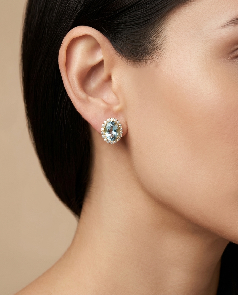 14KT Gold Aquamarine with Diamonds Earring on model