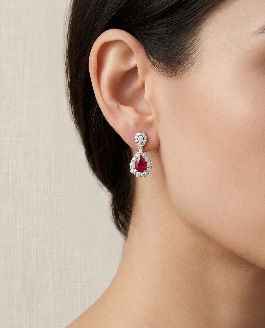 18KT White Gold Ruby and Diamond Earring on model