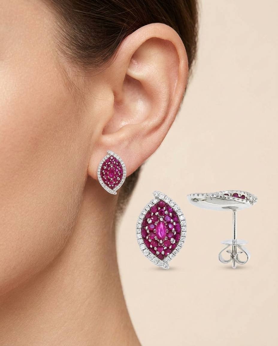 18KT White Gold Ruby and Diamond Earring on model