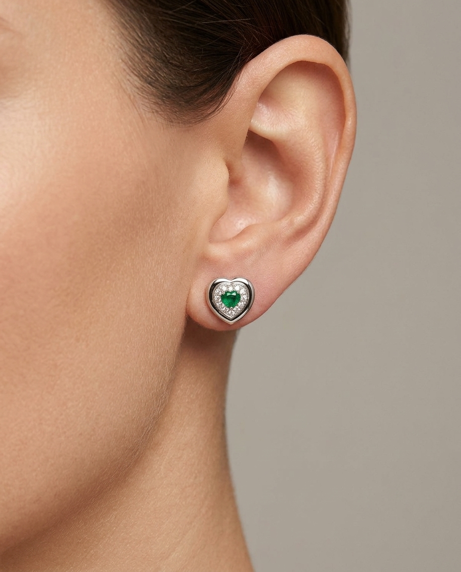 18KT White Gold Emerald and Diamond Earring on model