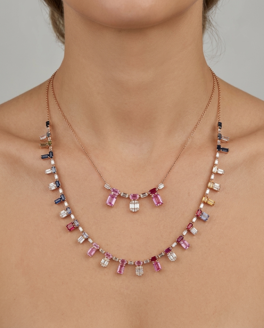 18KT Rose Gold Sapphire and Diamond Necklace on model