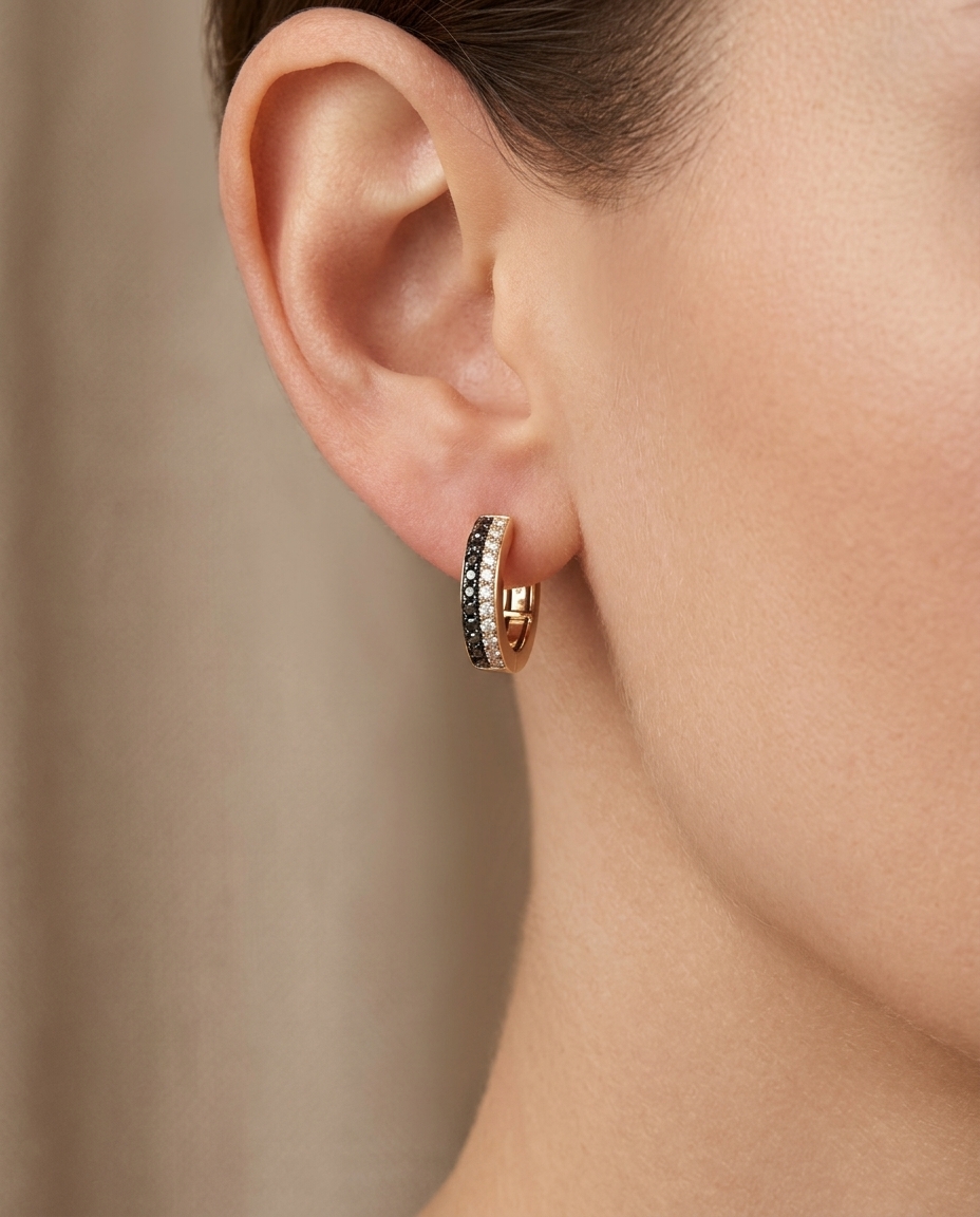 18K Yellow Gold Black Diamond and Diamond Earring on model