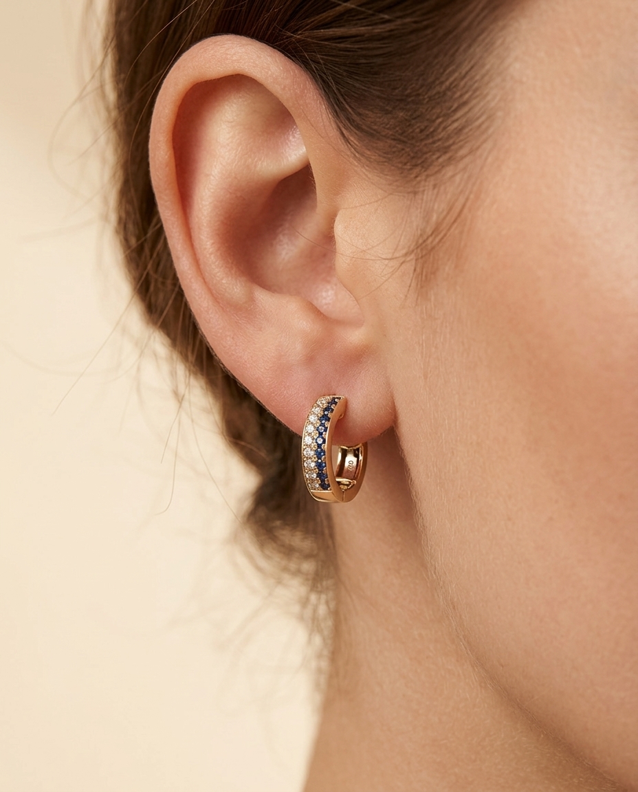 18KT Yellow Gold Blue Sapphire and Diamond Earring on model
