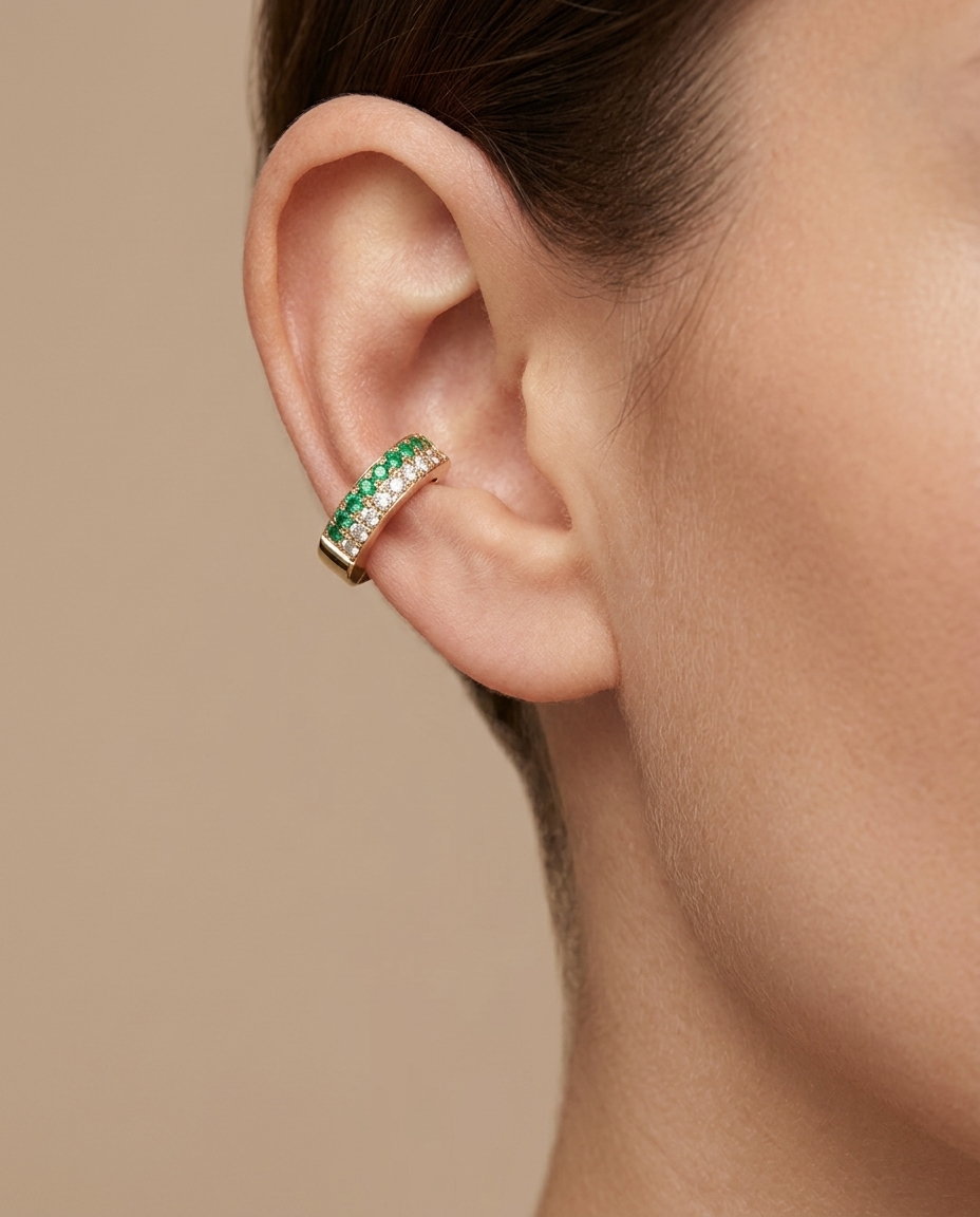 18KT Yellow Gold Emerald and Diamond Earring on model